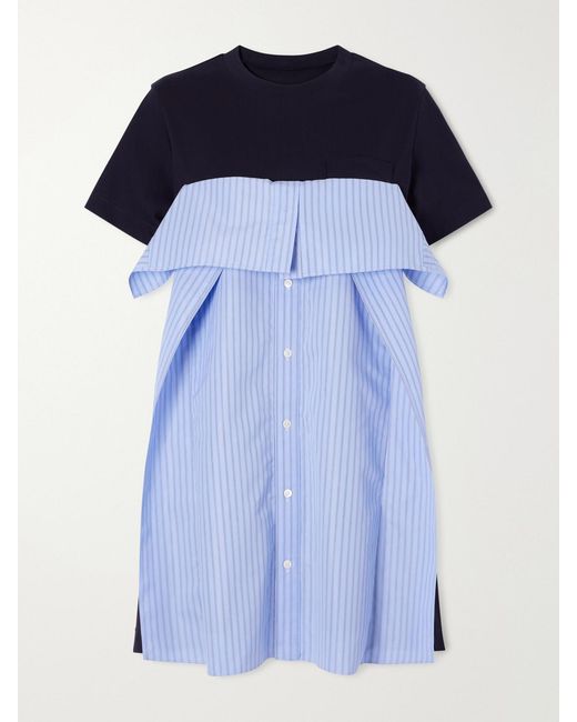 Sacai Blue Paneled Ruffled Cotton-Jersey And Poplin Mini Dress