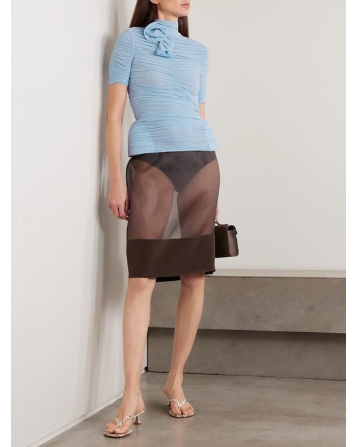 Magda Butrym Blue Ruched Appliquéd Stretch-Mesh Peplum Turtleneck Top