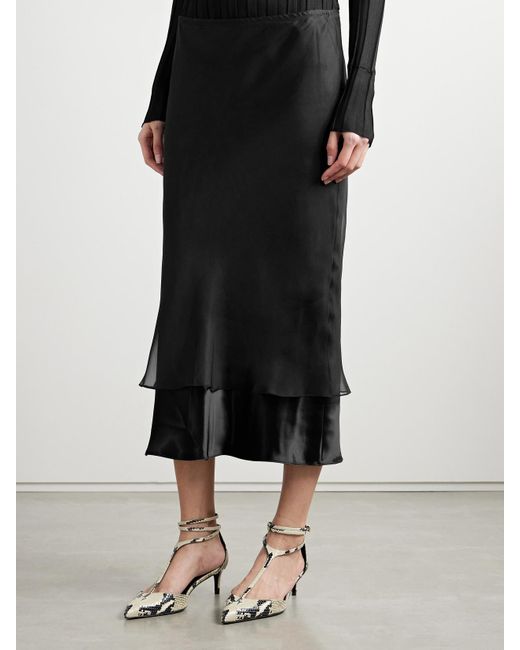 Khaite Black Monina Layered Satin And Organza Midi Skirt