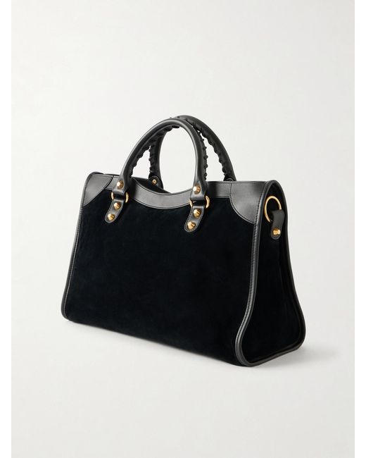 Balenciaga Black Le City Studded Leather-Trimmed Suede Shoulder Bag