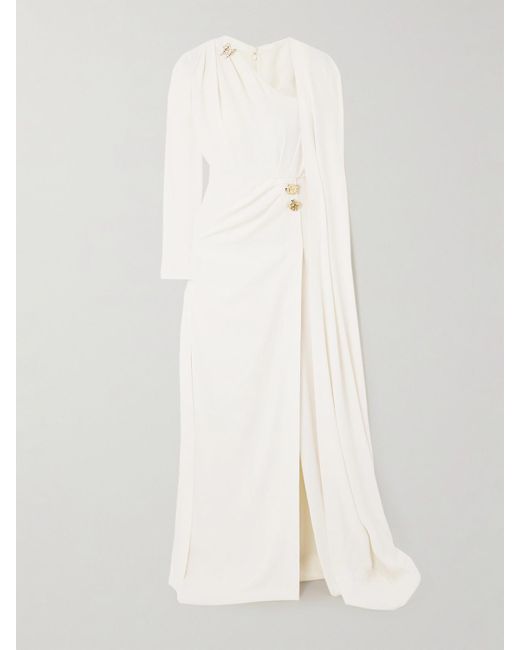 Zuhair Murad White Asymmetric Cape-Effect Embellished Cady Gown
