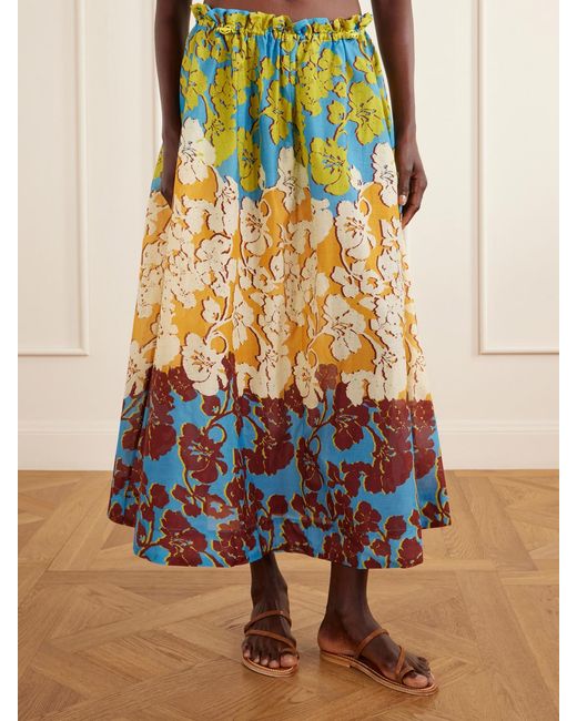 ALÉMAIS White Splice Floral-Print Cotton And Silk-Blend Midi Skirt