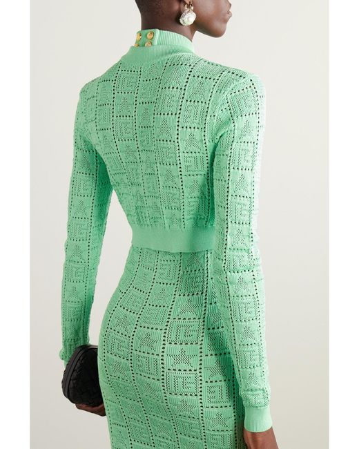 Balmain Green Cropped Pointelle-Knit Cardigan