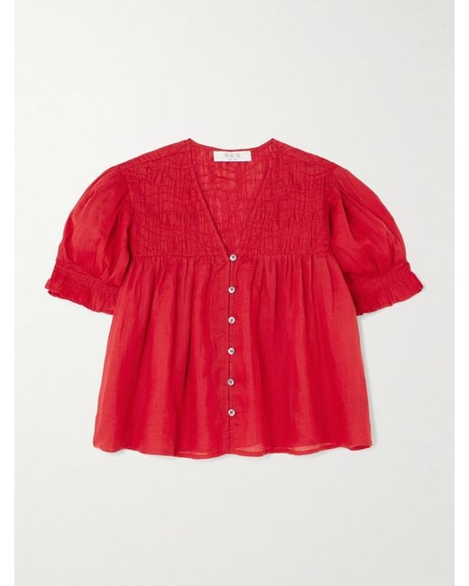 Sea Red Imogen Cropped Pleated Ramie-Voile Blouse