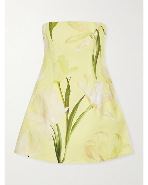 Cara Cara Yellow Ines Strapless Floral-Print Linen Mini Dress