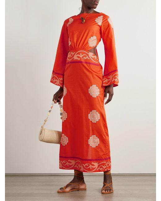 Johanna Ortiz Red Underwater Sanctuary Open-Back Printed Cotton-Poplin Maxi Dress