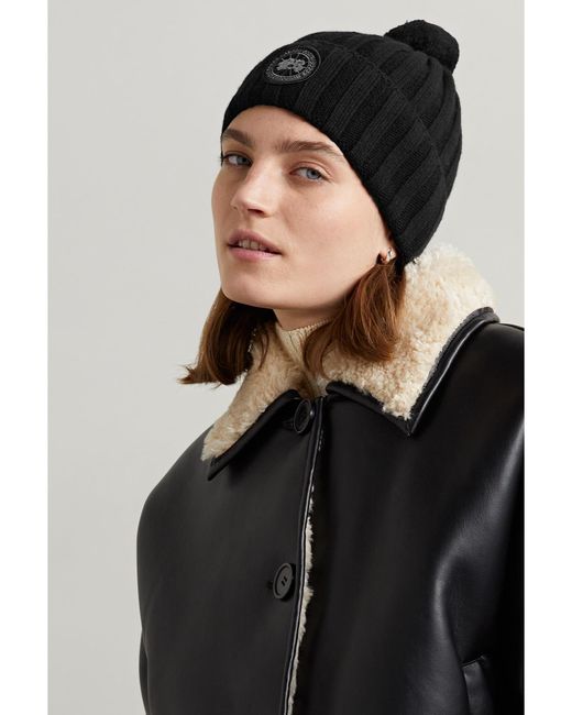 Canada Goose Black Tech Toque Pompom-Embellished Appliquéd Cashmere And Wool-Blend Beanie
