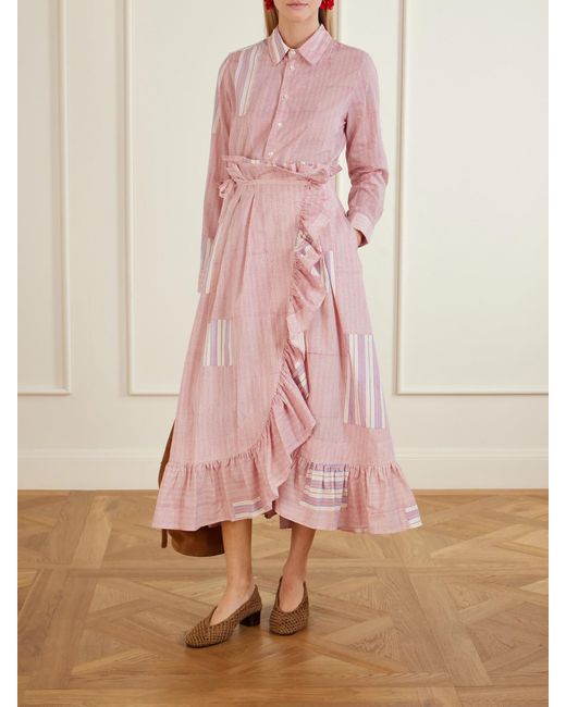 Thierry Colson Pink Tasha Ruffled Striped Cotton-Voile Wrap Midi Skirt