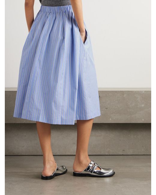 Marni Blue Pleated Striped Cotton-Poplin Midi Skirt