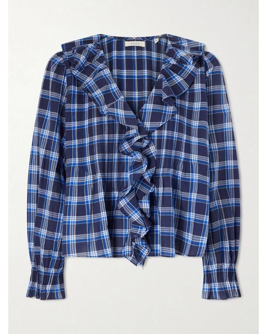 Doen Blue Hardy Checked Shirred Organic Cotton Blouse