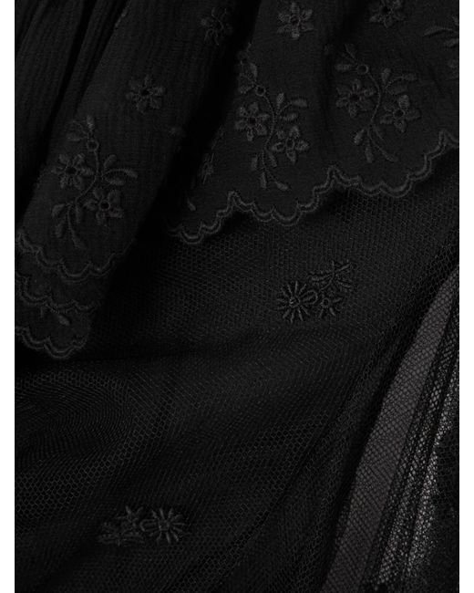 Chloé Black Cropped Ruffled Embroidered Mesh Blouse