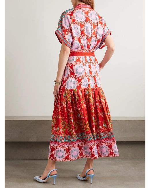 Saloni Red Riya Belted Pleated Floral-Print Linen-Voile Dress