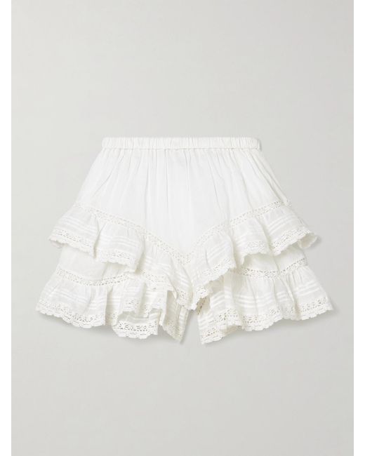 Isabel Marant White Geana Tiered Ruffled Lace-Trimmed Cotton-Voile Shorts