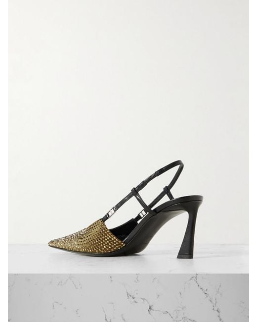 Saint Laurent Metallic Andree Crystal-Embellished Satin And Leather Slingback Pumps