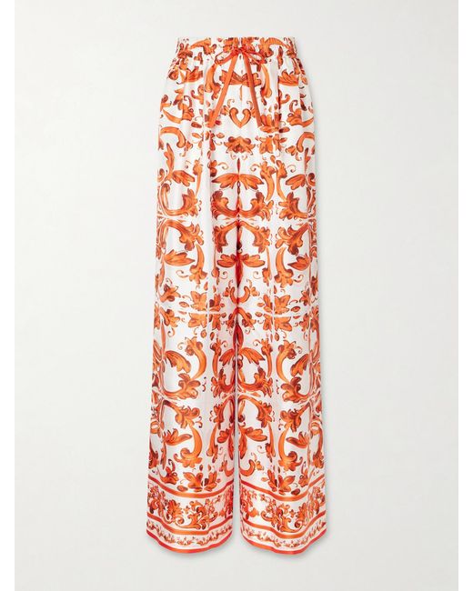 Dolce & Gabbana White Printed Silk-Twill Wide-Leg Pants