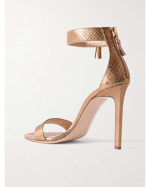 Tom Ford White Embellished Metallic Snake-Effect Leather Sandals