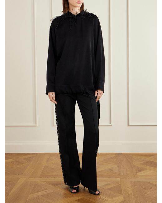 Sharon Wauchob Black Aly Feather-Trimmed Silk-Blend Hoodie
