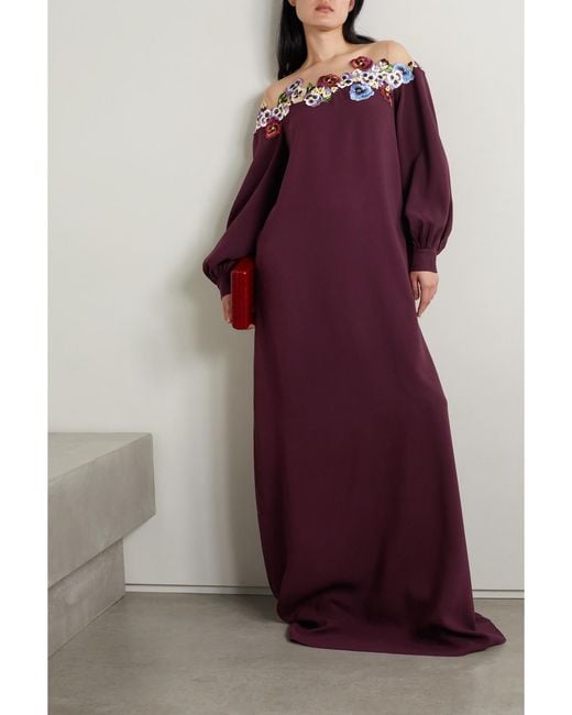Oscar de la Renta Purple Appliquéd Tulle-Trimmed Silk-Blend Crepe Gown