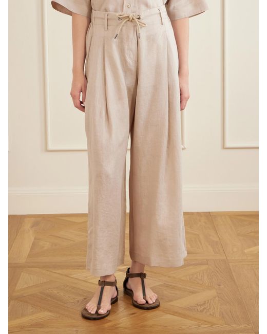 Brunello Cucinelli Natural Linen Wide-Leg Drawstring Pants