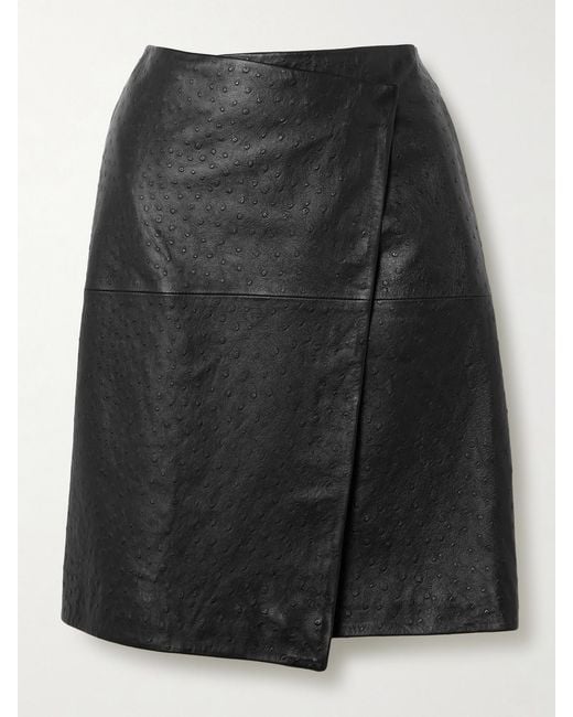 Loulou de Saison Black Gora Asymmetric Ostrich-Effect Leather Wrap Skirt