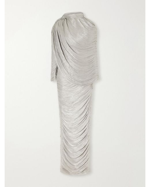 Marmar Halim White Cape-Effect Plissé Crepe De Chine Gown