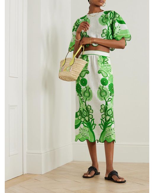 Farm Rio Green Scalloped Printed Linen Midi Skirt