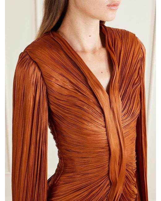 Marmar Halim Brown Pleated Ruched Satin Gown