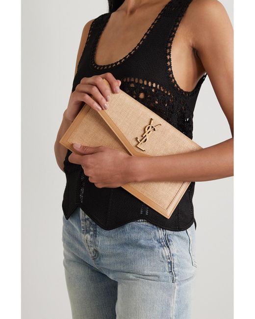 Saint Laurent Natural Uptown Leather-Trimmed Raffia Pouch