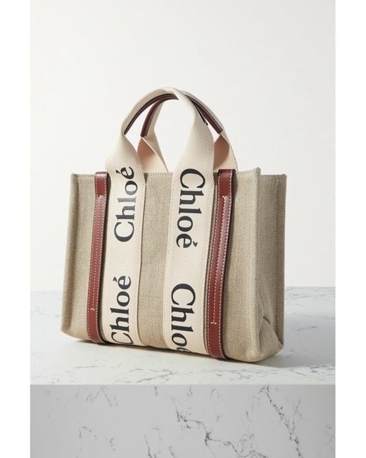 Chloé Natural Net Sustain Woody Small Embroidered Leather-Trimmed Linen Tote