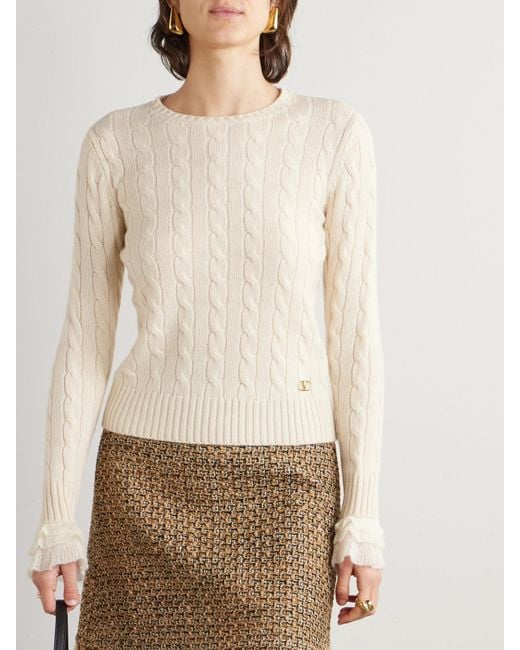 Valentino Garavani Natural Ruffle-Trimmed Embellished Cable-Knit Cashmere Sweater