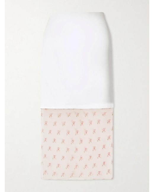 Khaite White Sybil Layered Frayed Satin-Crepe And Floral-Print Organza Midi Skirt