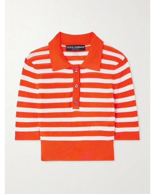 Dolce & Gabbana Orange Cropped Striped Ribbed-Knit Polo Shirt