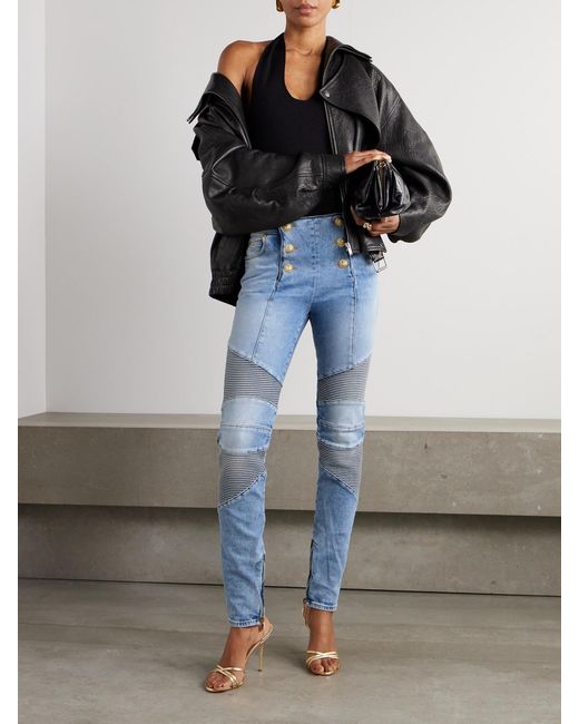 Balmain Blue Embellished Paneled High-Rise Skinny Jeans