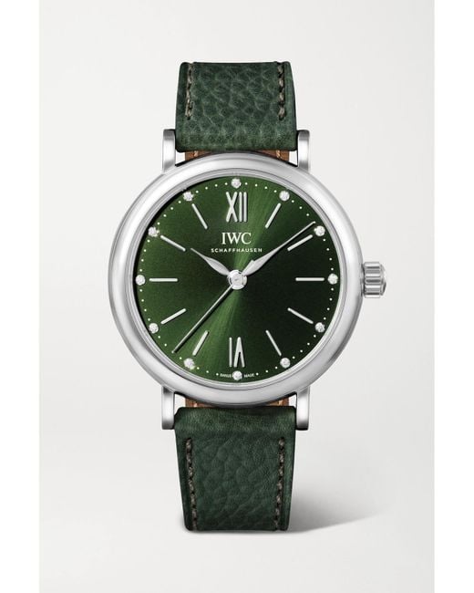 Iwc Green Portofino Automatic 34Mm Stainless Steel, Textured-Leather And Diamond Watch