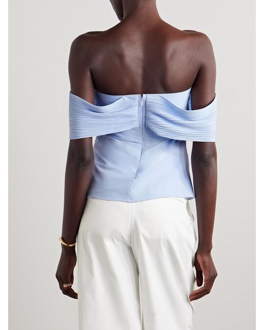Kika Vargas Blue Penelope Off-The-Shoulder Guipure Lace-Trimmed Plissé-Crepe De Chine Top
