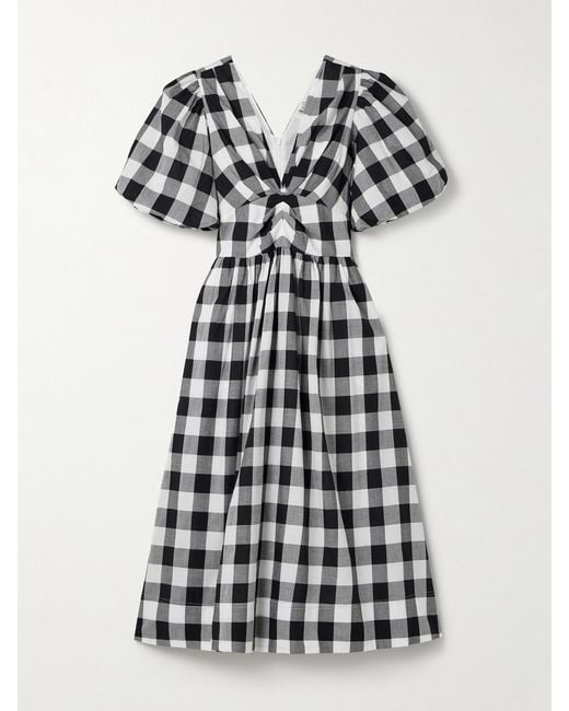 Sea White Gathered Gingham Cotton-Poplin Midi Dress
