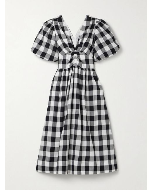 Sea White Gathered Gingham Cotton-Poplin Midi Dress