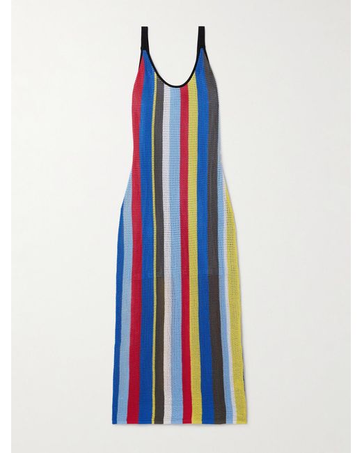 Staud Blue Jessica Striped Crocheted Cotton Midi Dress