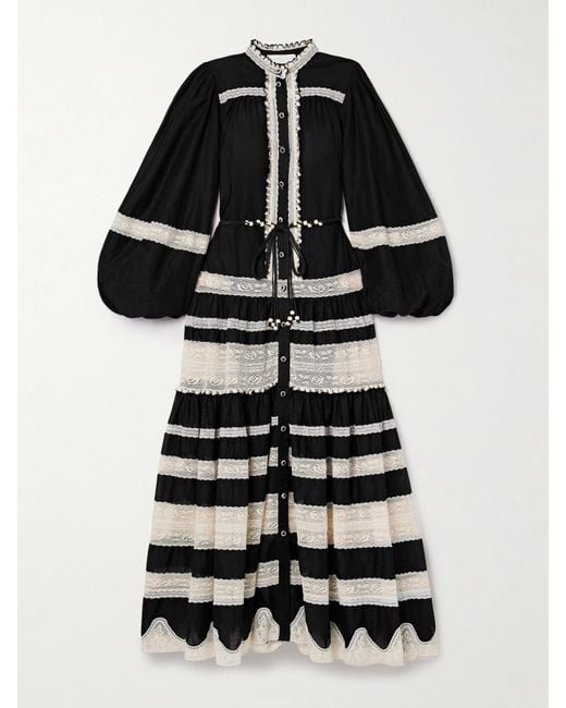 Zimmermann Black Rhiannon Belted Cotton-Voile And Lace Maxi Dress