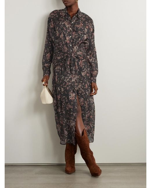 Isabel Marant Black Anesy Midi-Hemdblusenkleid Aus Bedrucktem Krepon Aus Einer Baumwoll-Seidenmischung Mit Raffungen