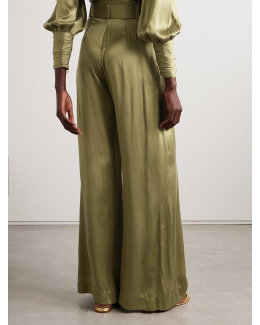 Zimmermann Green Belted Pleated Silk-Satin Wide-Leg Pants