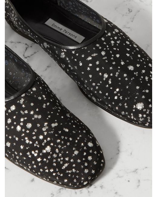 Emme Parsons White High Throat Leather-Trimmed Glittered Mesh Ballet Flats
