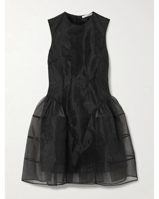 CECILIE BAHNSEN Black Claudie Gathered Paneled Organza And Satin Mini Dress
