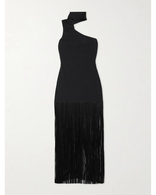 ‎Taller Marmo Black Atlanta Asymmetric One-Shoulder Fringed Crepe Gown
