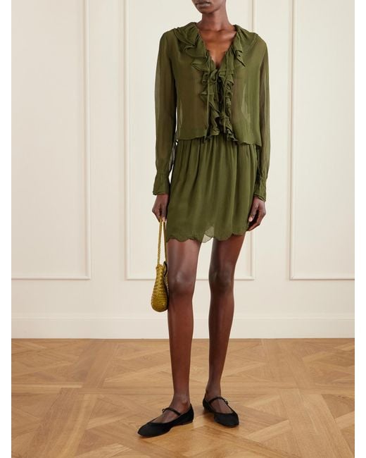 Bode Green Flounce Ruffled Silk-Crepon Blouse