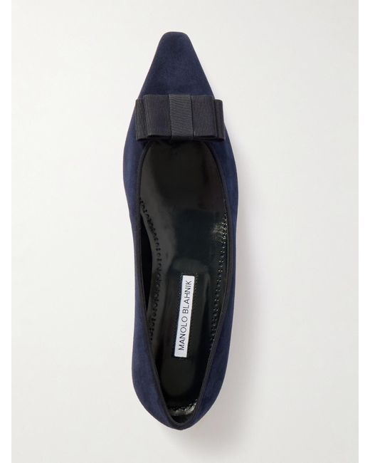 Manolo Blahnik Blue Reador 10 Bow-Detailed Suede Point-Toe Flats