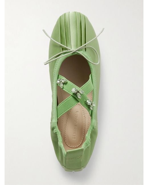 Simone Rocha Green Grosgrain-Trimmed Crystal-Embellished Pleated Satin Ballet Flats