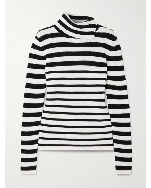 Lisa Yang White Sabrine Button-Detailed Striped Ribbed Cotton And Cashmere-Blend Turtleneck Sweater