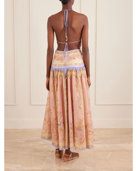Zimmermann Natural Indra Plunge Printed Metallic Cotton And Silk-Blend Halterneck Maxi Dress