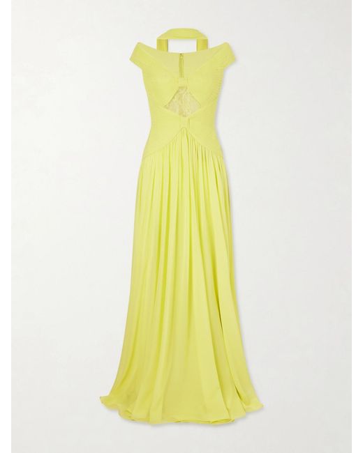 Elie Saab Yellow Lace-Trimmed Silk-Blend Gown